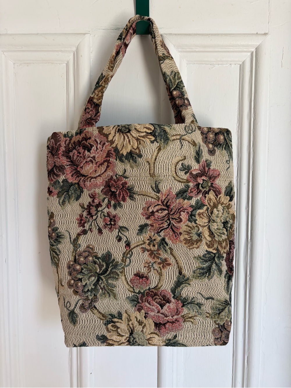 Handmade Floral Tapestry Tote Bag - Beige and Pink